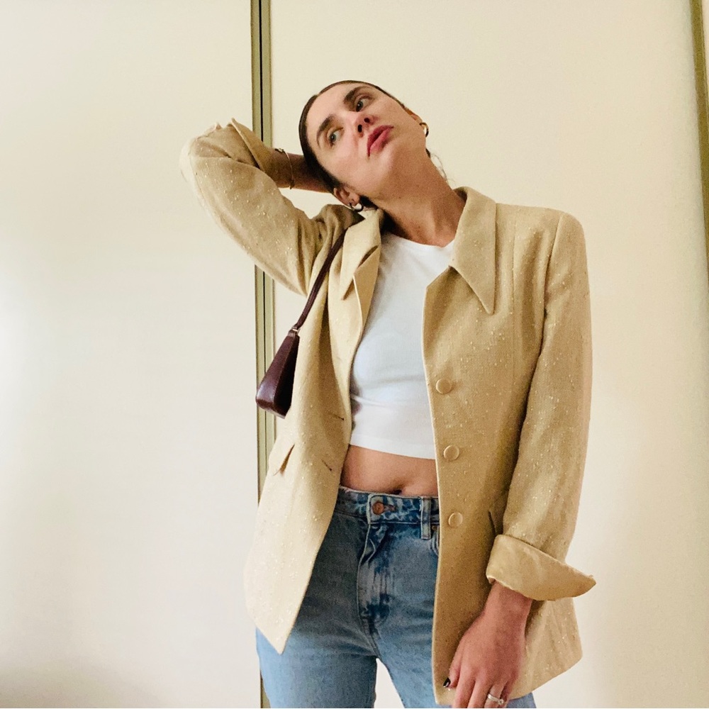 Vintage Louis Feraud beige gold blazer neutral oversized long modern classic 8